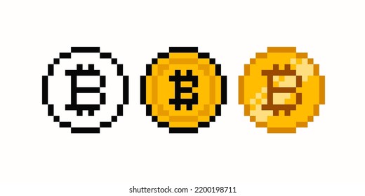 Pixel Art Bitcoin Blockchain Cryptocurrency Gold Coin Icon - Editable Vector Set. Crypto Currency 8 Bit Game Style. Coloring Bitcoin Icons Set.  Digital Cryptocurrency