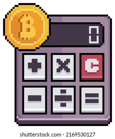 Pixel art bitcoin calculator. Cryptocurrency calculation vector icon for 8bit game on white background
