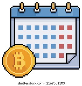 Pixel art bitcoin calendar. Crypto investment time vector icon for 8bit game on white background
