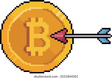 Pixel arte bitcoin moeda com uma seta em estilo de 8 bits no fundo branco