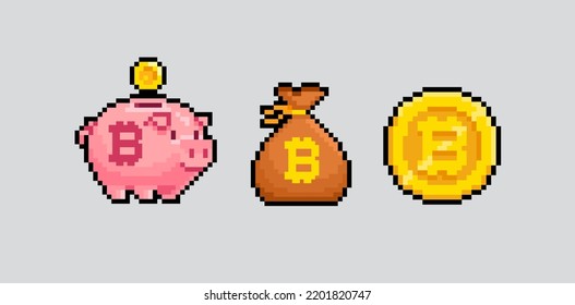 Pixel Art Bitcoin cryptocurrency golden Piggy Bank with gold icon - vector set. Bitcoin Crypto currency in 8-bit game style. Accamulate and saving cryptocurrency.  Digital Cryptocurrency