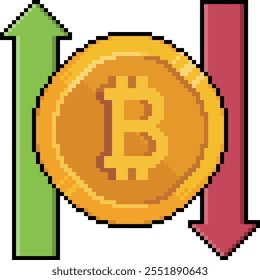 Pixel art of bitcoin currency with a green arrow and a red arrow in 8-bit style on white background