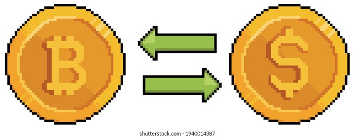 Pixel art Bitcoin and Dollar, convert bitcoin to dollar. Investment and finance. 8bit game icon on white background
