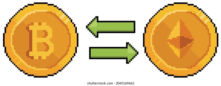 Pixel art Bitcoin and Ethereum, convert bitcoin to ethereum. Investment and finance. 8bit game icon on white background
