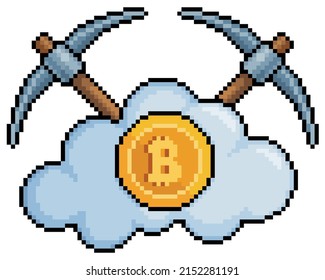 Mina de bitcoin de arte de píxeles en el icono del vector de nube para juego de 8 bits en fondo blanco

