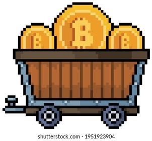 Carro de mineral de bitcoin, minería de criptomoneda. Icono de juego de 8 bits sobre fondo blanco
