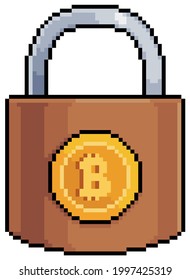Reloj de bitcoin de arte de Pixel, inversión segura en criptomonedas. Elemento de juego de 8 bits en fondo blanco
