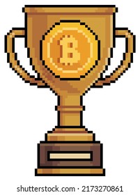 Pixel art bitcoin trophy. Cryptocurrency Prize vector icon for 8bit game on white background
