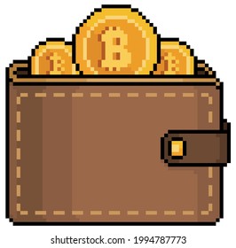 Pixel art bitcoin wallet. Investment in cryptocurrencies icon for 8bit game on white background.
