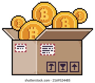 Pixel art bitcoins in cardboard box. Cryptocurrency order vector icon for 8bit game on white background
