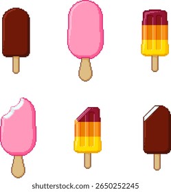 Pixel art bitten and whole ice cream set. 8-bit style frozen treats on sticks - fruity and layered popsicles, chocolate covered bars. Retro dessert graphics for summer themes and game UI.