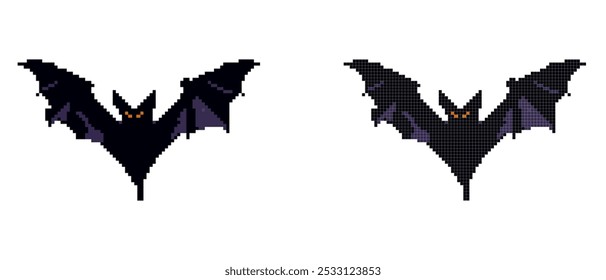 Un murciélago negro pixel art con ojos naranjas y alas extendidas sobre un fondo blanco.