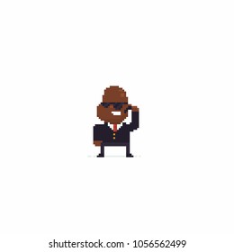 Pixel art black bodyguard character in sunglasses