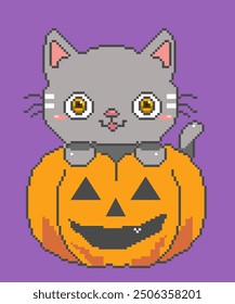 Pixel de un gato negro sentado en una calabaza tallada de Halloween con ojos brillantes, sobre un fondo oscuro y espeluznante.
