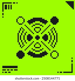 Pixel Art Black Cryptic Circle Line with Interface Border Frame, Lime Green Background