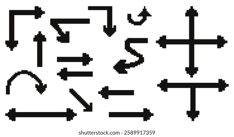 Pixel Art Black Directional Arrows. Simple Sign Directions Curved Backward curved, zigzag. Isolated Vector illustration in retro 8-bit style. Concept pointer symbols Inspired by video game aesthetics