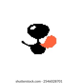 Pixel art black dog with orange tongue. Minimalistic dog character in retro pixelated design.