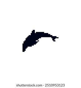 Pixel art black dolphin silhouette. Minimalistic dolphin icon in pixelated retro style