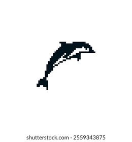 Pixel art black dolphin silhouette. Minimalistic dolphin icon in pixelated retro style