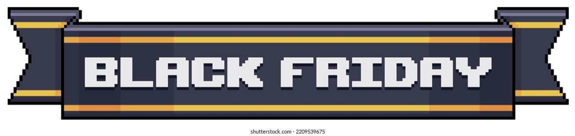 Pixel art black friday on black ribbon, black friday logo, black belt vector icon for 8bit game on white background