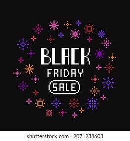 Pixel Art Black Friday Sale Banner With Pink, Orange, Red, Yellow, Purple Sparkles On Black Background. Discount Coupon. Price Drop Flyer. Vintage Retro 2d Computer, Video Game, Slot Machine Graphics.