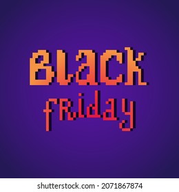 Pixel art Black Friday sale banner with orange to red gradient text on purple background. Discount brochure. Price drop flyer. Shopping coupon. Retro 2d computer, video game, slot machine graphics.