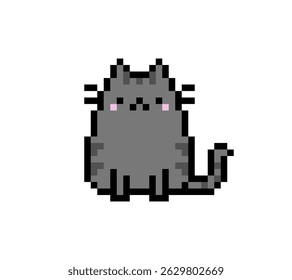 Pixel art black grey cute cat sitting pose. pixel art cat, pet, animal.