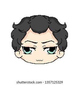 Pixel art, Black haired evil boy. Smile for chat. Sticker.