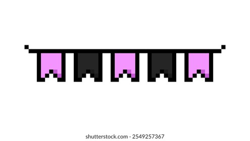 Pixel art black pink brazilian festa junina decoration flags and banners vector icon for 8bit game on white background