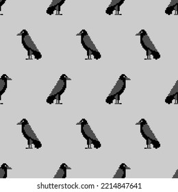 Pixel art Black Raven Pattern seamless. pixelated Black crow symbol of death 8 bit Background