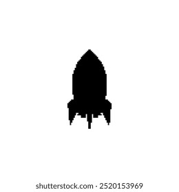 Pixel art black rocket silhouette. Minimalistic rocket icon in retro pixelated style