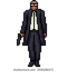 pixel art of black suit assassin isolated background