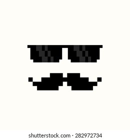 Pixel art black sunglasses and mustache isolated on white background