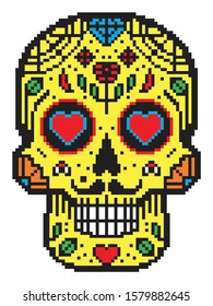 Pixel art black and white Mexican sugar skull/ Day Of The Dead Skull/ Dia de Los Muertos