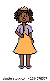 Pixel Art Black Woman In A Crown, Short Puffy Dress And Jacket. 8 Bit African Girl Character Isolated On White. Beauty Queen. Old School Retro 80s, 90s 2d Computer, Video Game, Slot Machine Graphics.