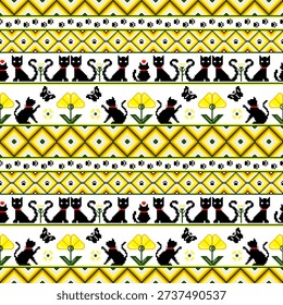 pixel art with blackcat red collar floral yellow geometric patter,cross stitch ,illustration art,vector,semless, for fabric texture,vintege style, poster