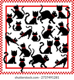 pixel art with blackcat red collar  geometric patter,cross stitch ,illustration art,vector,semless, for fabric texture,vintege style, poster