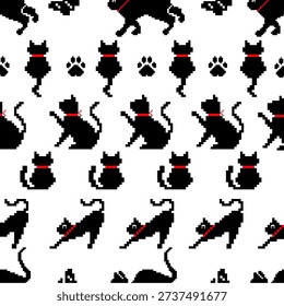 pixel art with blackcat red collar floral yellow geometric patter,cross stitch ,illustration art,vector,semless, for fabric texture,vintege style, poster