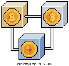 Pixel art blockchain cryptocurrency network vector icon for 8bit game on white background
