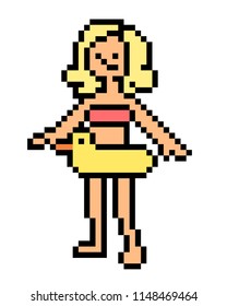 Pixel art blonde girl in the bikini learning to swim in yellow duck swim ring. 8 bit beach party character isolated on white.Fun summer vacation leisure. Inflatable safety equipment for pool activity.