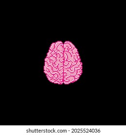 Pixel art bloody brain icon. Human brain illustration in retro gaming style for halloween decoration or game assets.