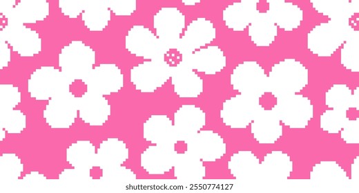 Pixel art bloom flower pattern, floral textured background.