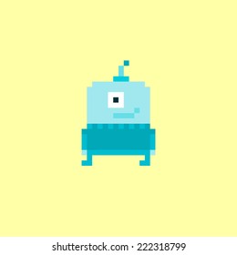 Pixel art blue alien character isolated on yellow background