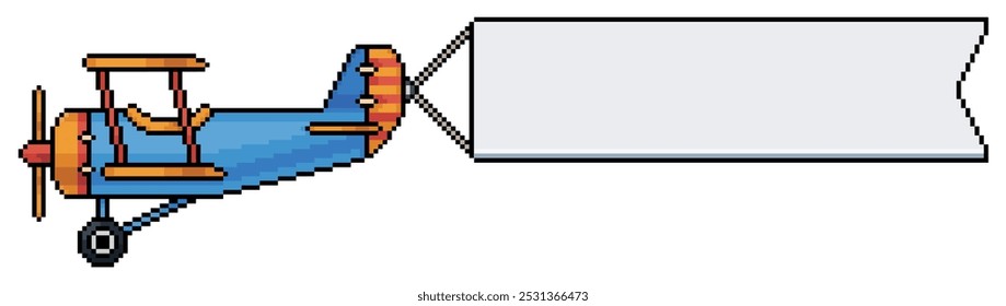Pixel arte biplano azul puxando uma bandeira em branco, ícone vetorial de avião com bandeira de publicidade para 8 bits jogo em fundo branco