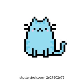 Pixel art blue cute cat sitting pose. pixel art cat, pet, animal.