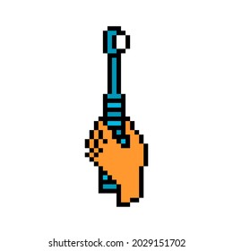 Pixel art blue electric toothbrush in a hand isolated on white background. 8 bit dental care symbol. Oral hygiene icon. Old school vintage retro 80s, 90s 2d computer, video game, slot machine graphics