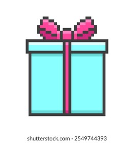 Pixel art blue gift box with a bow in retro style. Vector illustration.