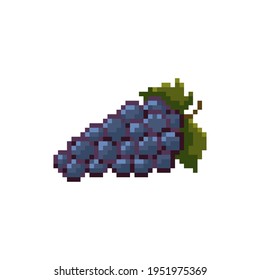 Pixel art blue grapes. Isolated pixel bunch of grapes symbol or icon. Pixelated vector grape art on white background. Pixel blue grapes and leaf
