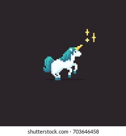 Pixel art blue haired unicorn with magic sparkles isolated on dark background