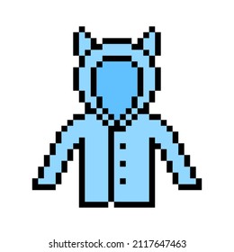 Pixel art blue hooded jacket with cat ears and buttons isolated on white background. Children's fashion. Kid clothes. Old school retro vintage 90s, 80s 8 bit slot machine, 2d video game graphics